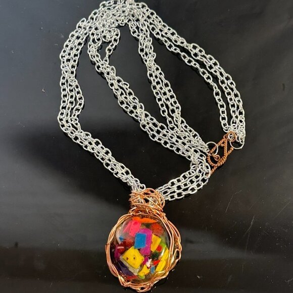 Avant Garde Necklace Handmade Silver Chain Resin Colorful Funky African Runway - Picture 2 of 7